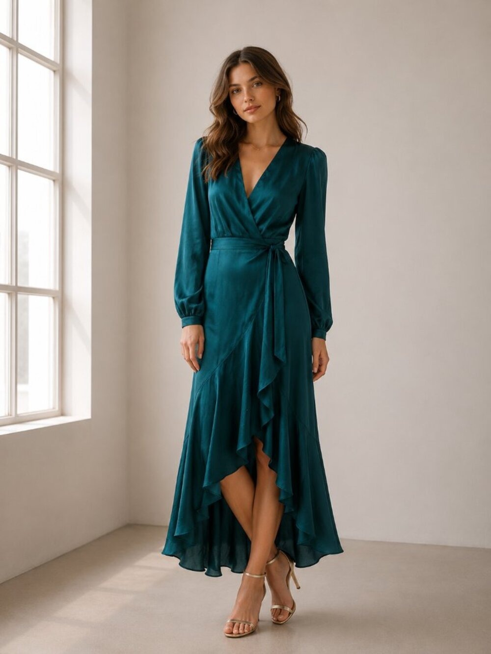 Express Teal Wrap Maxi Dress Long Sleeve Ruffle Hem Wedding Guest Dress 0715